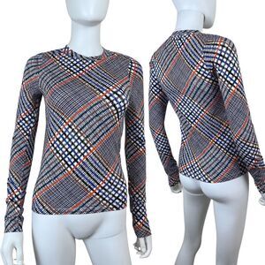 TANYA TAYLOR Women Size XS Juliana Ecru Plaid Stretch Cotton Jersey Knit Shirt